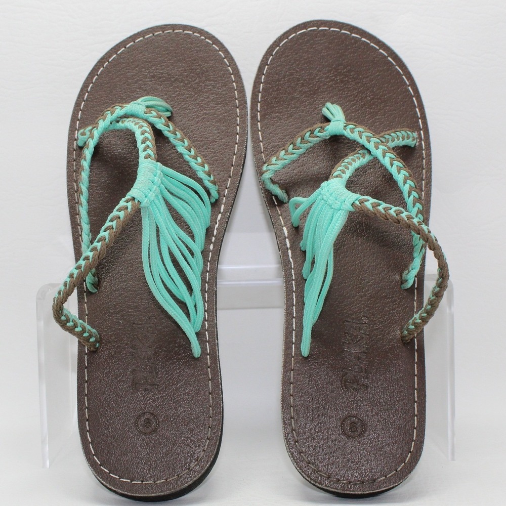 Plaka Palm Leaf Turquoise Brown Woven Rope Flat Sandals Womens 8